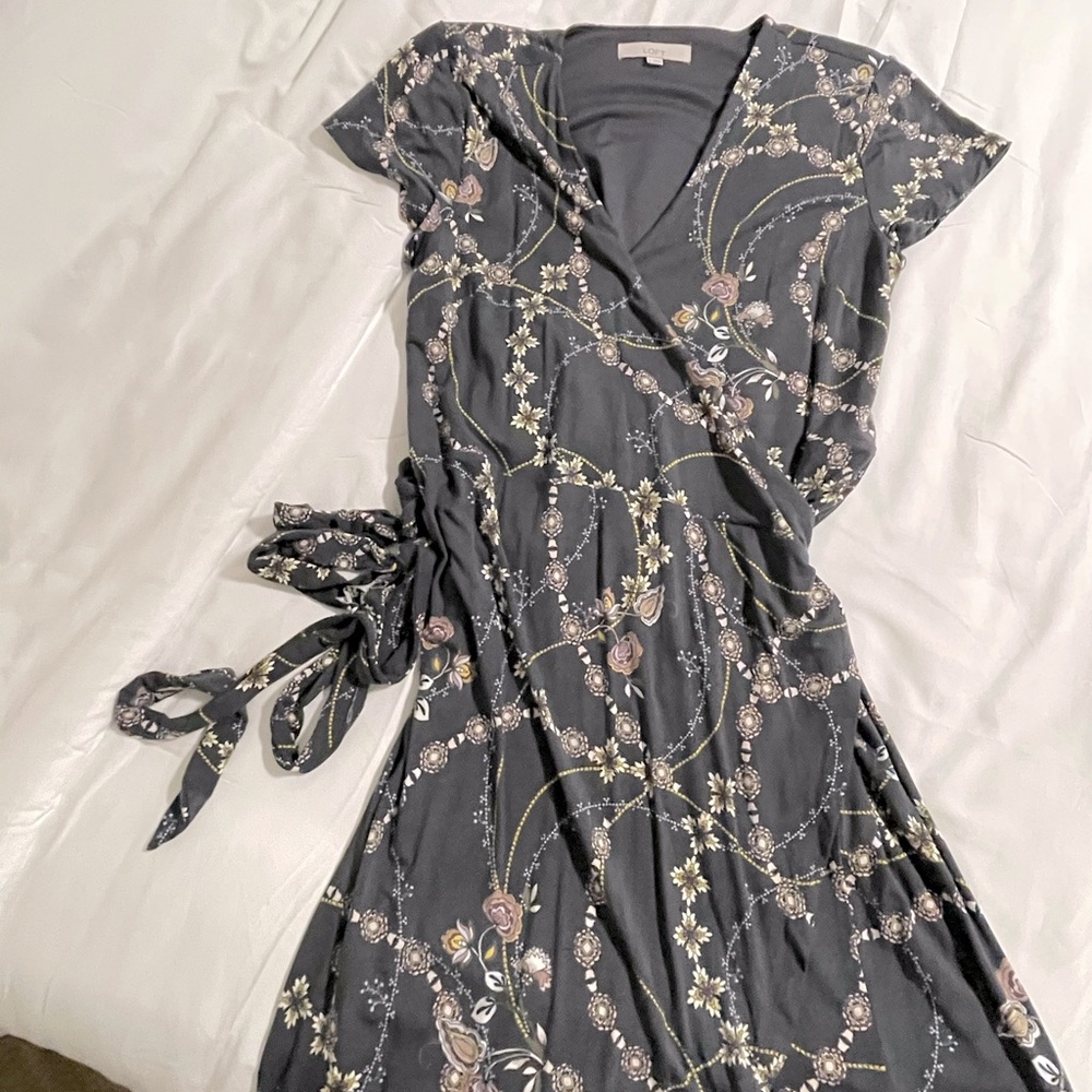 Loft Wrap Dress Grey Print-Sz Lg